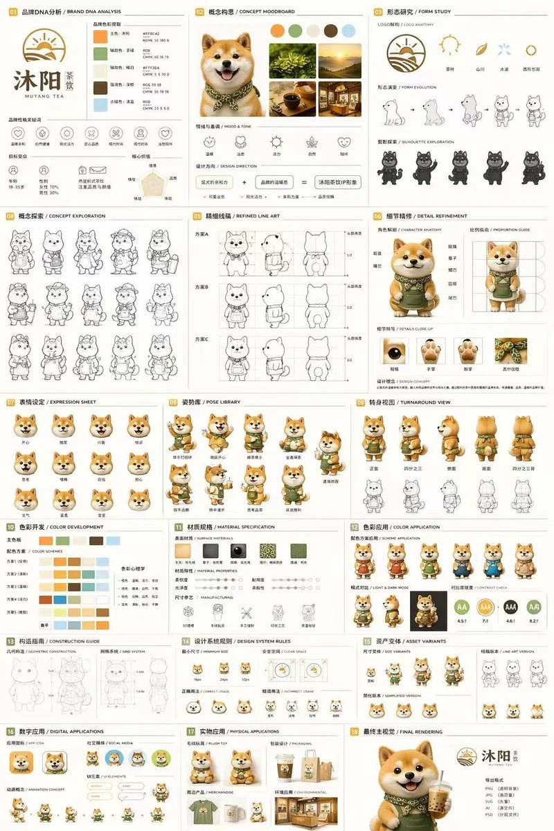 The document features an 18-panel layout showcasing a 3D Shiba Inu mascot for MUYANG TEA, with sections on brand analysis, concept exploration, and design guidelines