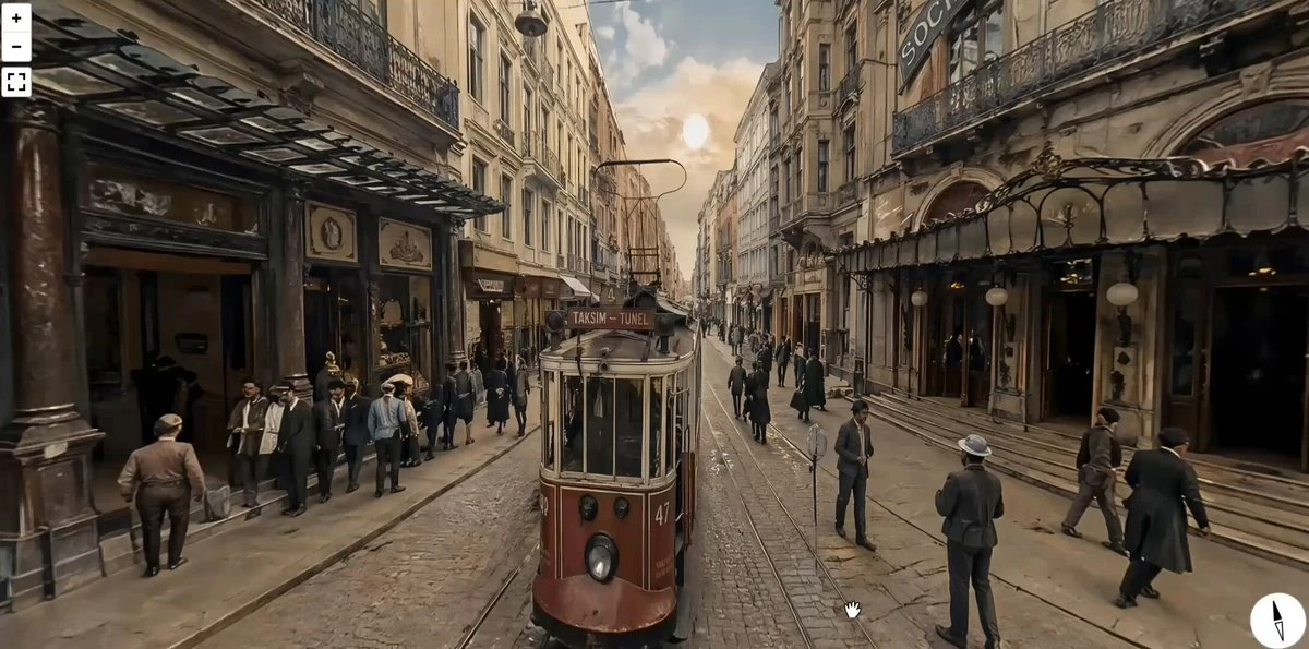 A vintage tram navigates Istiklal Street in Istanbul, surrounded by elegantly dressed pedestrians and historic storefronts