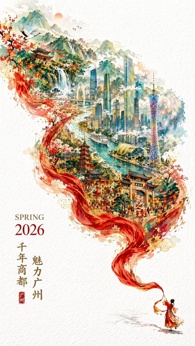 A vibrant 2026 Spring Guangzhou city poster features a flowing red silk ribbon transforming into a mountainous landscape, with detailed city landmarks and traditional elements