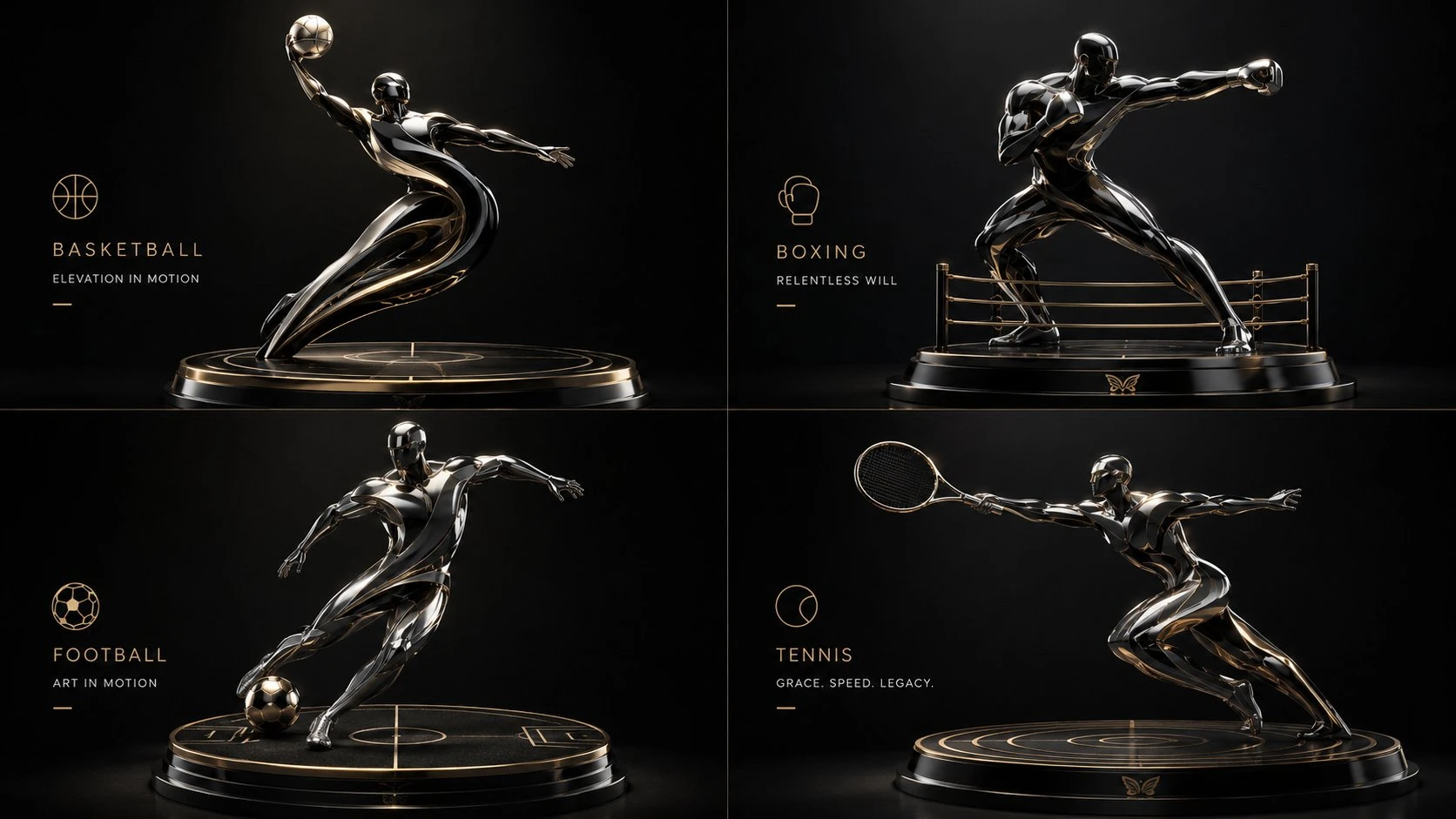 Four sculptural forms representing basketball, boxing, football, and tennis are displayed in a luxurious, dark gradient setting with minimalist captions