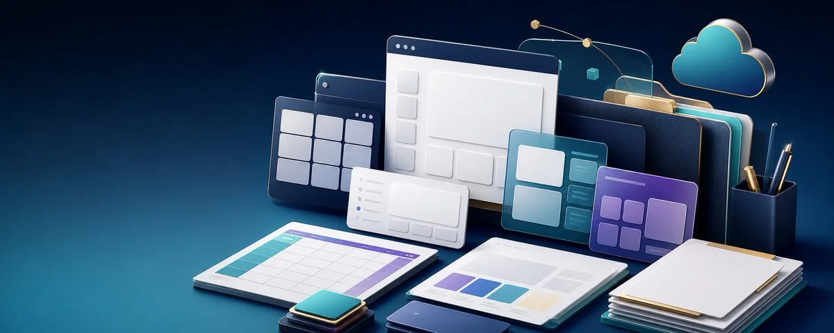 A premium 3D isometric hero illustration of floating UI cards, planning tablets, folders, and cloud-sync elements for creator tools or SaaS visuals