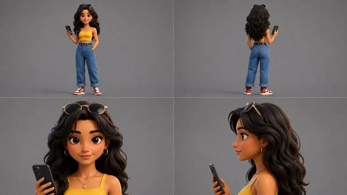 3D Animated Character Reference Sheet for a Stylish Woman with sequential panels, clear scene planning and cinematic visual flow