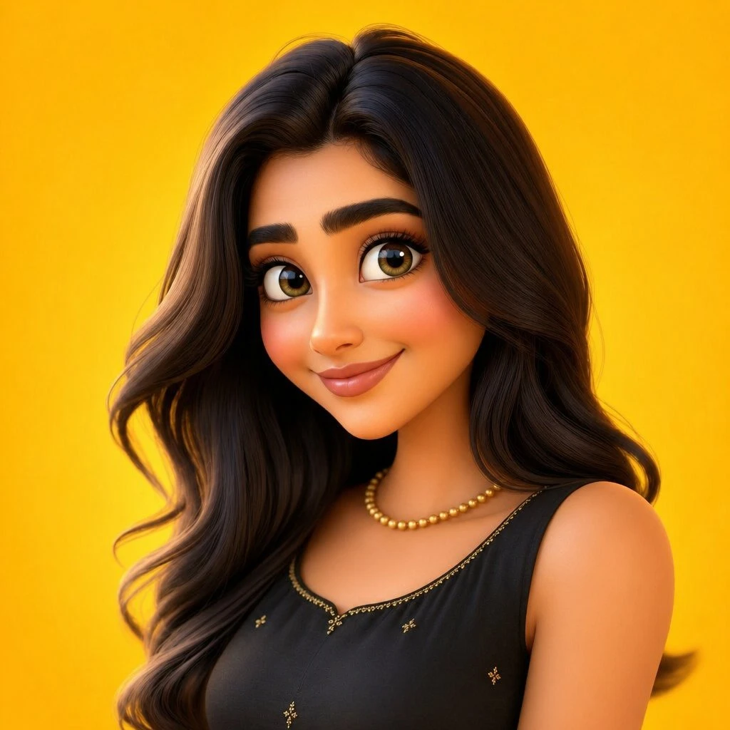 A charming cartoon character with long dark hair and expressive features smiles against a bright yellow background, showcasing a polished 3D render