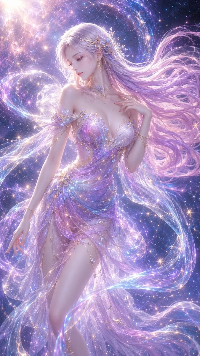 A celestial goddess in a flowing galaxy dress stands gracefully amidst a dreamy starry background, exuding ethereal beauty and elegance