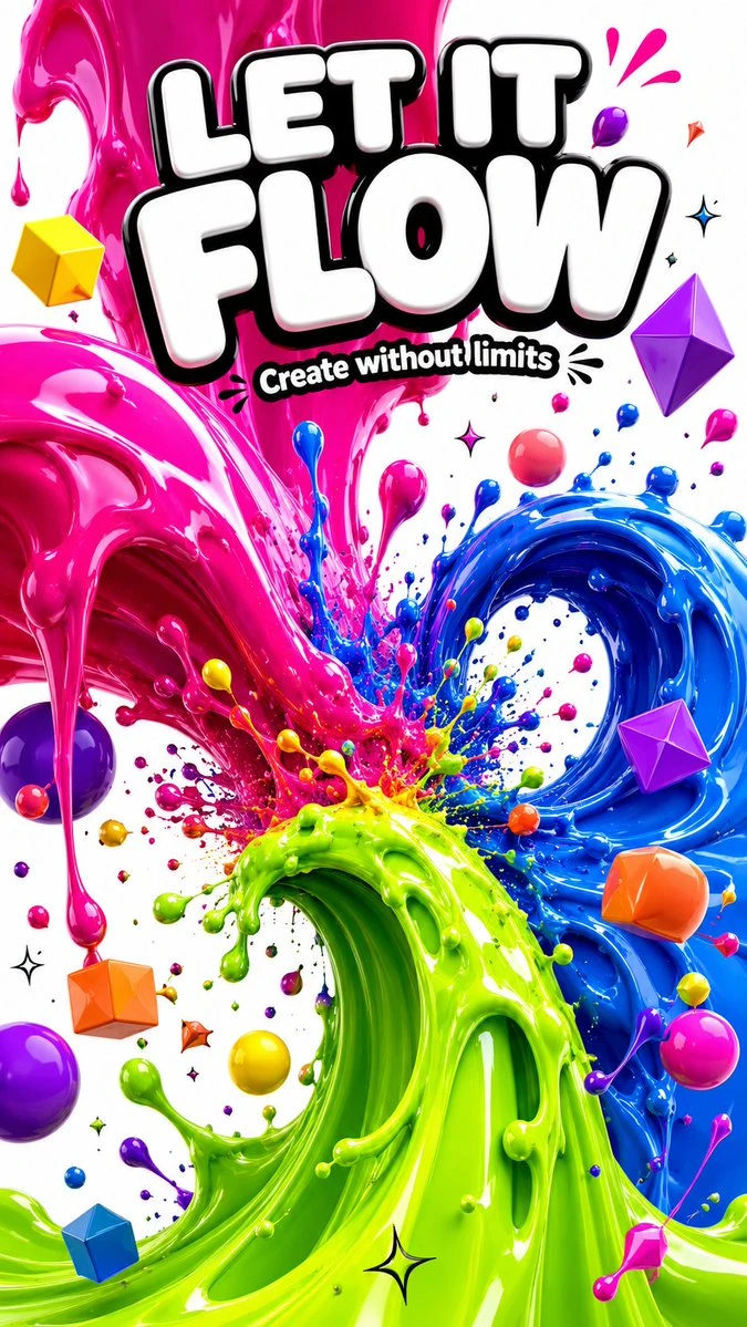 A vibrant vertical poster showcases giant 3D liquid sculptures in electric colors, featuring bold typography that reads "LET IT FLOW" at the top