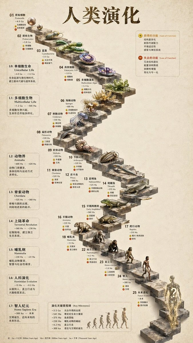 A textured stone staircase illustrates the evolutionary timeline of life, featuring detailed 3D models of organisms at each step