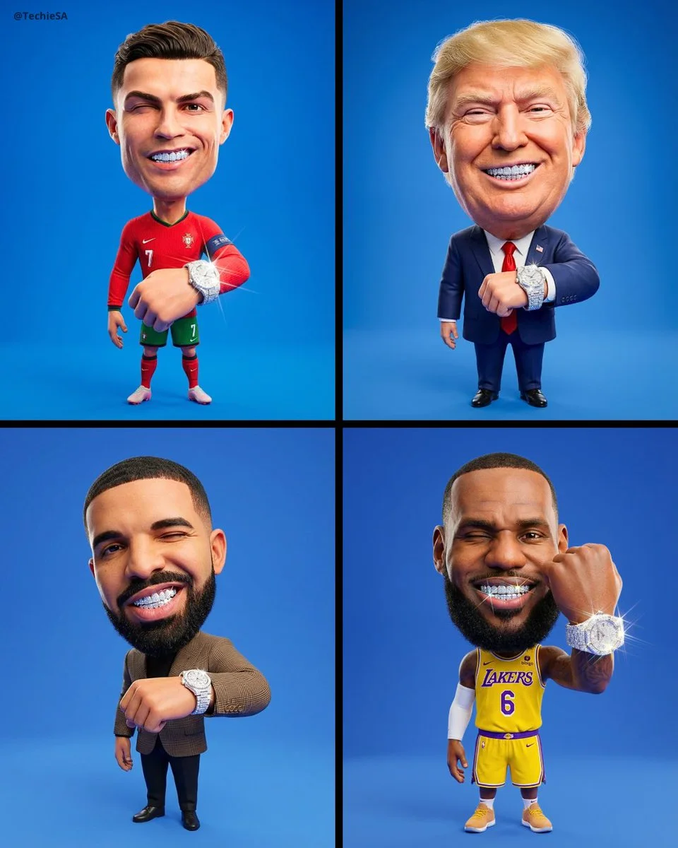 Four big-head caricatures of Ronaldo, Donald Trump, Drake, and LeBron James show diamond grillz and flashy watches on a blue background.
