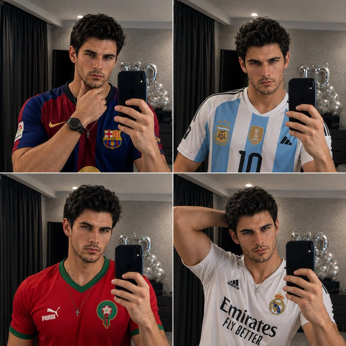 4-Panel Mirror Selfie Collage with expressive portrait lighting, detailed styling and a polished editorial mood