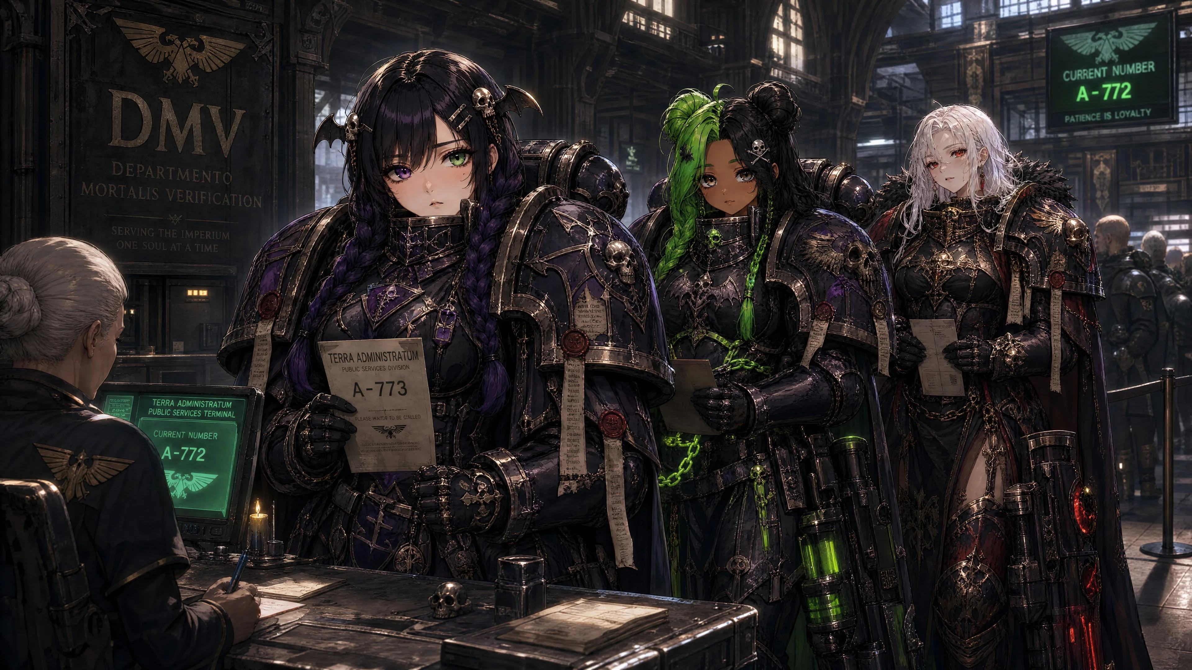 40K Power Armour Squad Portrait showing a character-focused concept image with stylized design details and presentation layout