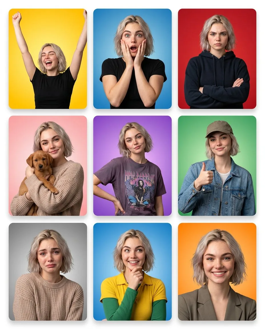 7-Panel Emotion Grid Portrait with sequential panels, cinematic shot planning and a polished storyboard layout