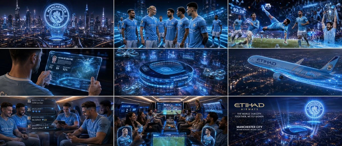 Nine frames show Manchester City players, futuristic tech, and a luxury airline theme in a vibrant cityscape.