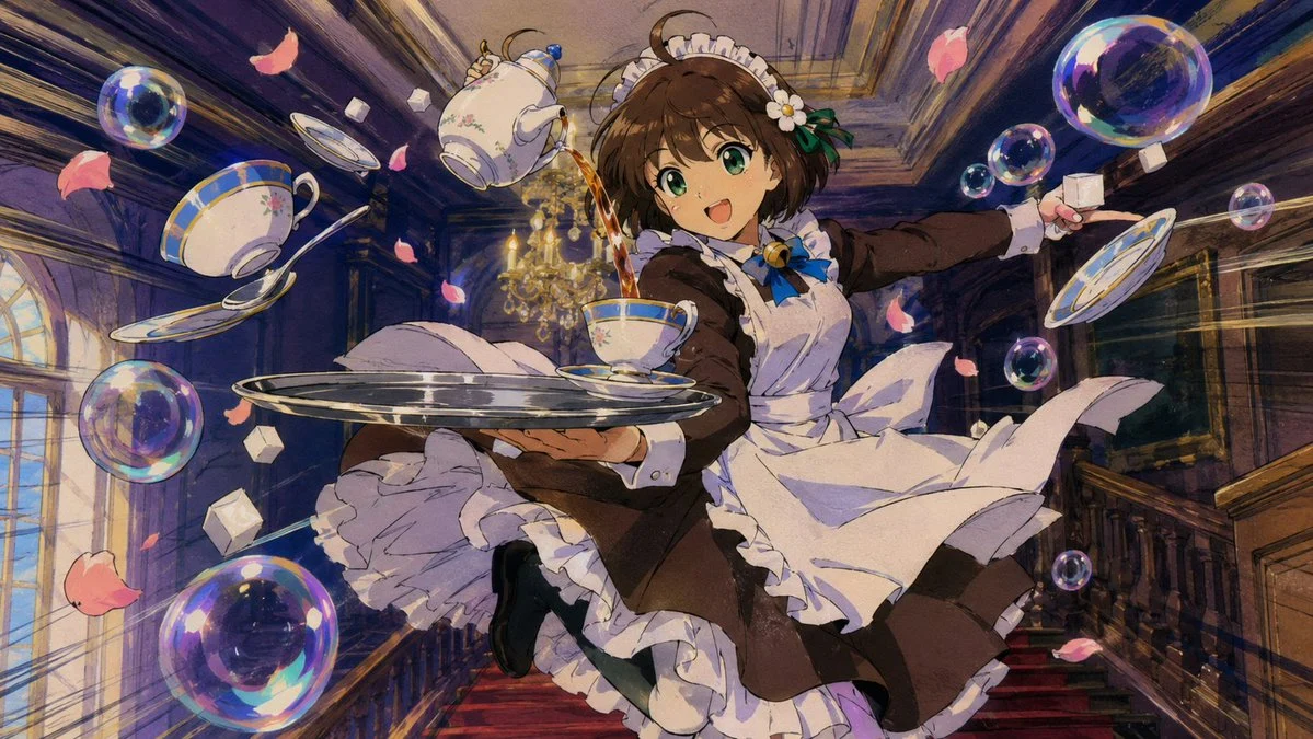 1990s anime maid leaping through a mansion hall while serving tea from a silver tray