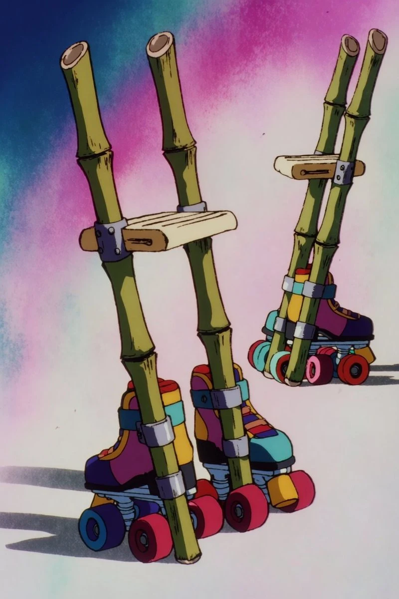 1990s anime prop setting sheet with object views, clean linework, and production-design reference layout.