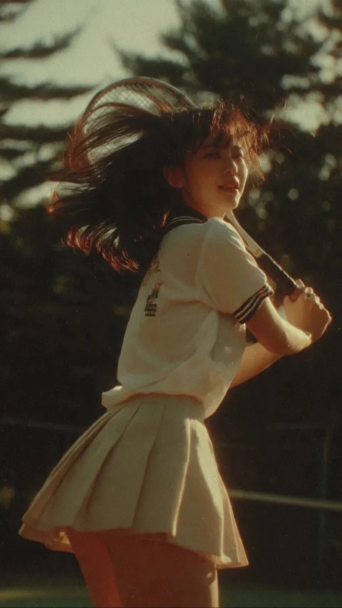 A teenage girl in a tennis uniform swings her racket, captured in soft sunlight with a nostalgic 90s film aesthetic.