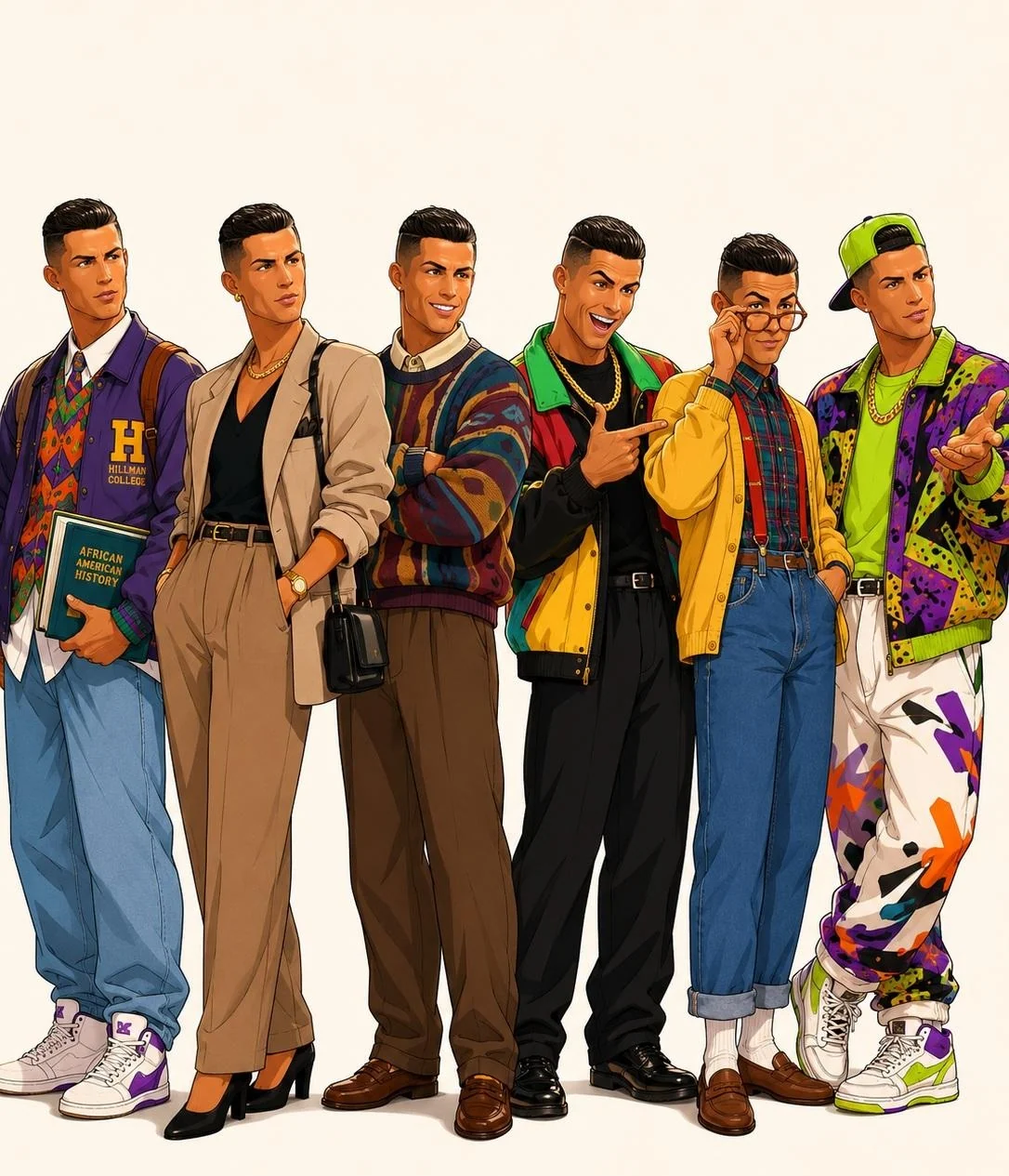 GPT Image 2 prompt example showing a 1990s sitcom fashion character lineup with six full-body outfits