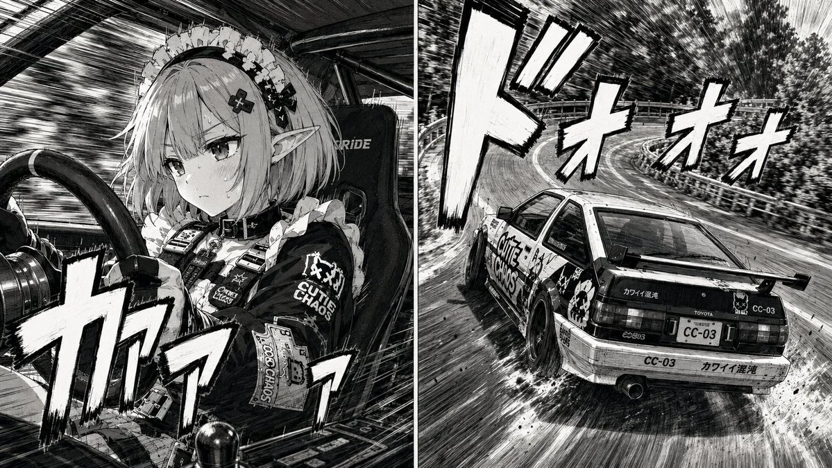 Completed 1990s Japanese street racing manga panel style with speed lines and dramatic vehicle action
