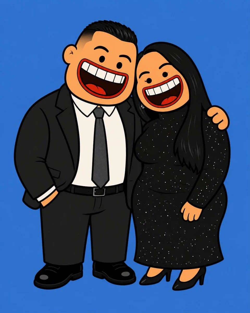 Flat absurdist 2D cartoon transformation with chunky rubbery characters and bold outlines
