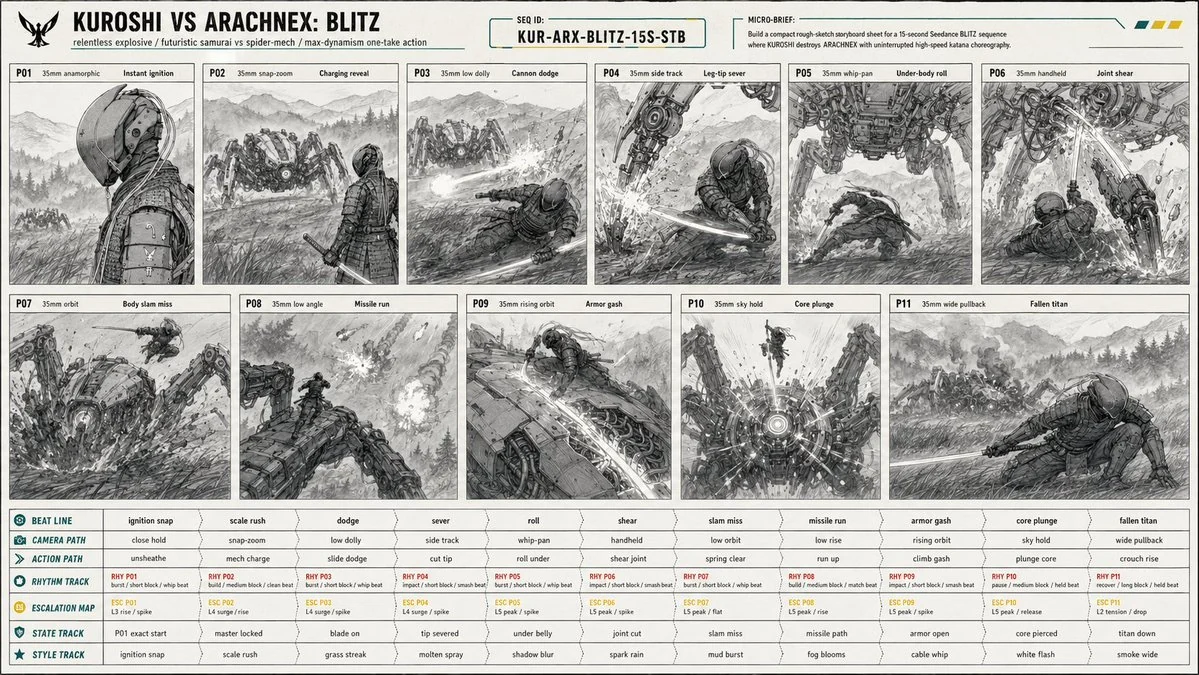 Action storyboard sheet showing cinematic sequence panels with character motion, camera notes and consistent scene direction