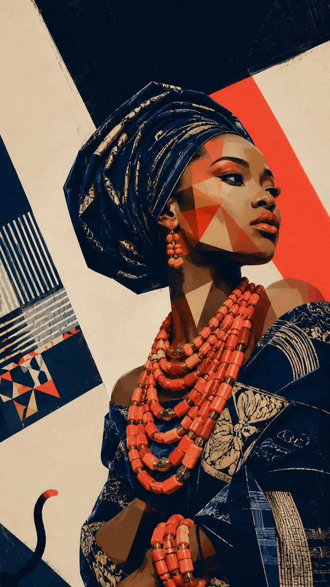 Afrofuturist Yoruba regal portrait with indigo ceremonial attire, coral jewelry, and bold cubist geometric styling.