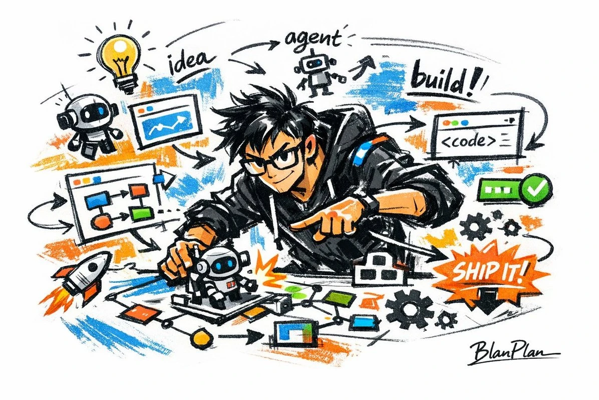 A young man in a hoodie enthusiastically interacts with a small robot amid colorful doodles of coding elements and project ideas