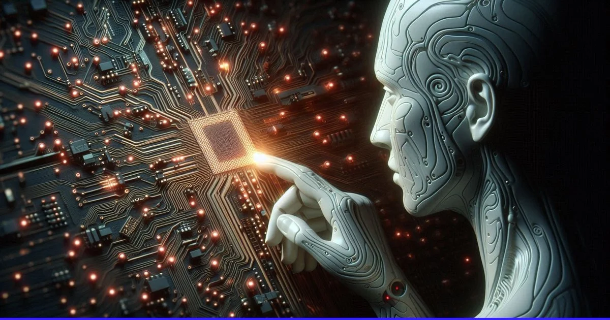 AI Touching a Glowing Microchip ad creative with product-focused composition, campaign styling and commercial lighting