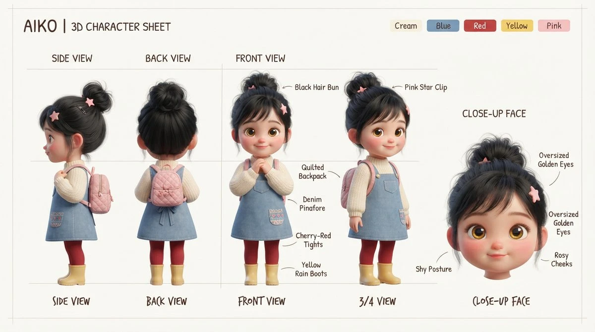Aiko 3D character sheet with cute toddler-girl design, turnaround views, expressions, and toy-reference presentation.