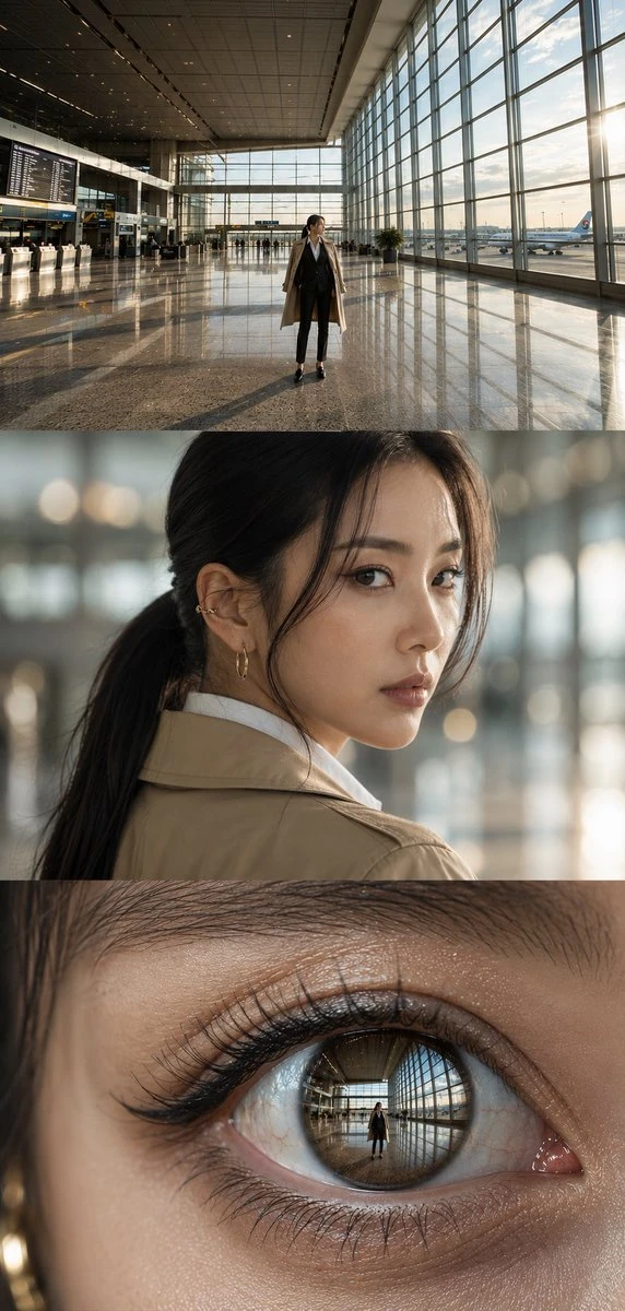 Airport triptych with three stacked cinematic panels and reflective eye close-ups inside a modern terminal setting.