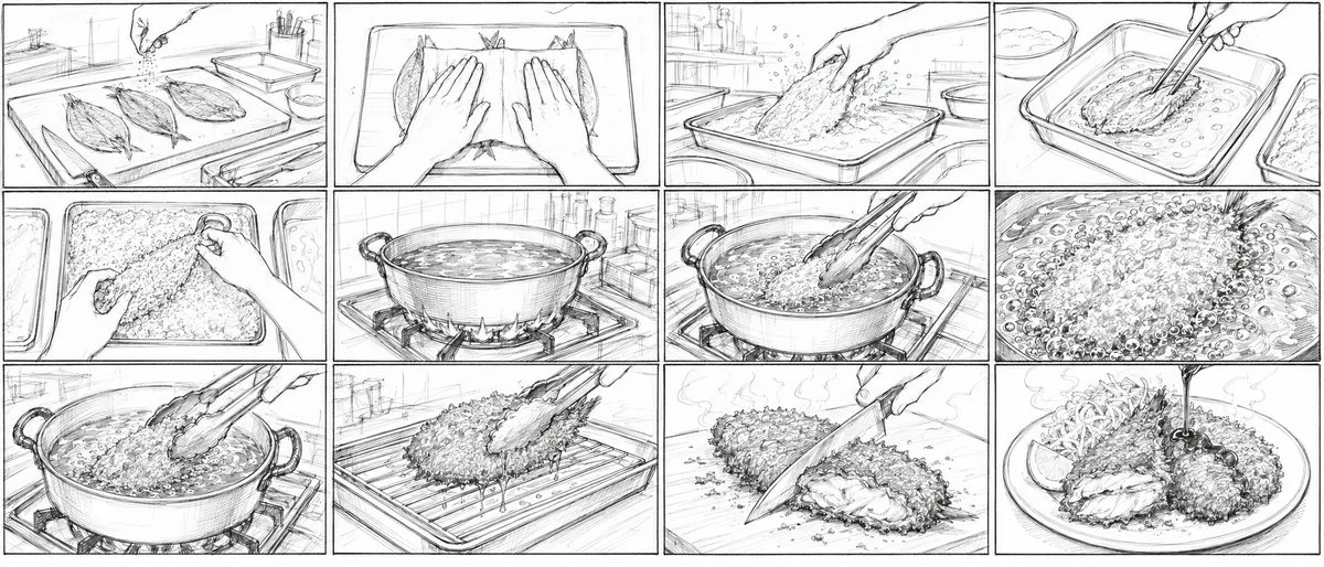 A 12-panel rough pencil storyboard for a Japanese 2D anime cooking short showing golden aji fry preparation from raw fish to plated dish