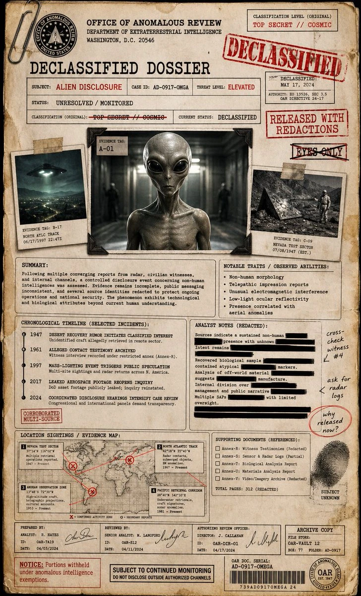 A detailed declassified dossier features an alien figure, with sections highlighting information, sightings, and notable traits