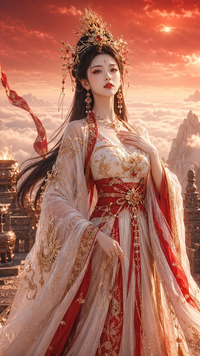 Ancient Chinese goddess portrait with Tang-style fantasy costume, high-status elegance, and vertical mythic poster composition.