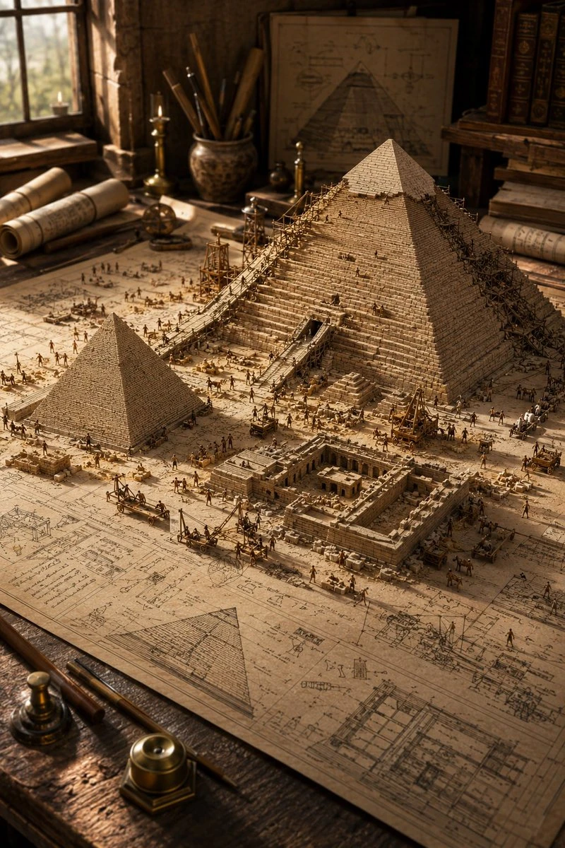 A detailed miniature diorama of an ancient civilization features iconic architecture under construction on architectural blueprints