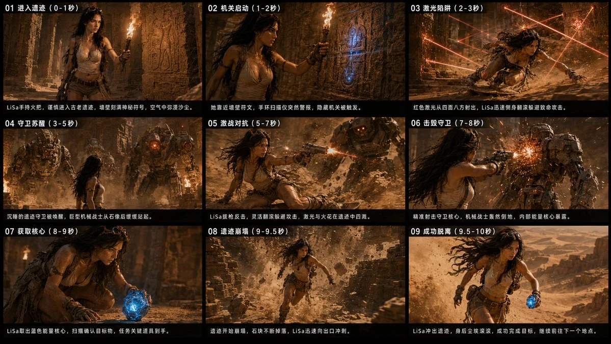 Ancient Ruin Escape Storyboard: storyboard preview with sequential panels and cinematic scene planning.