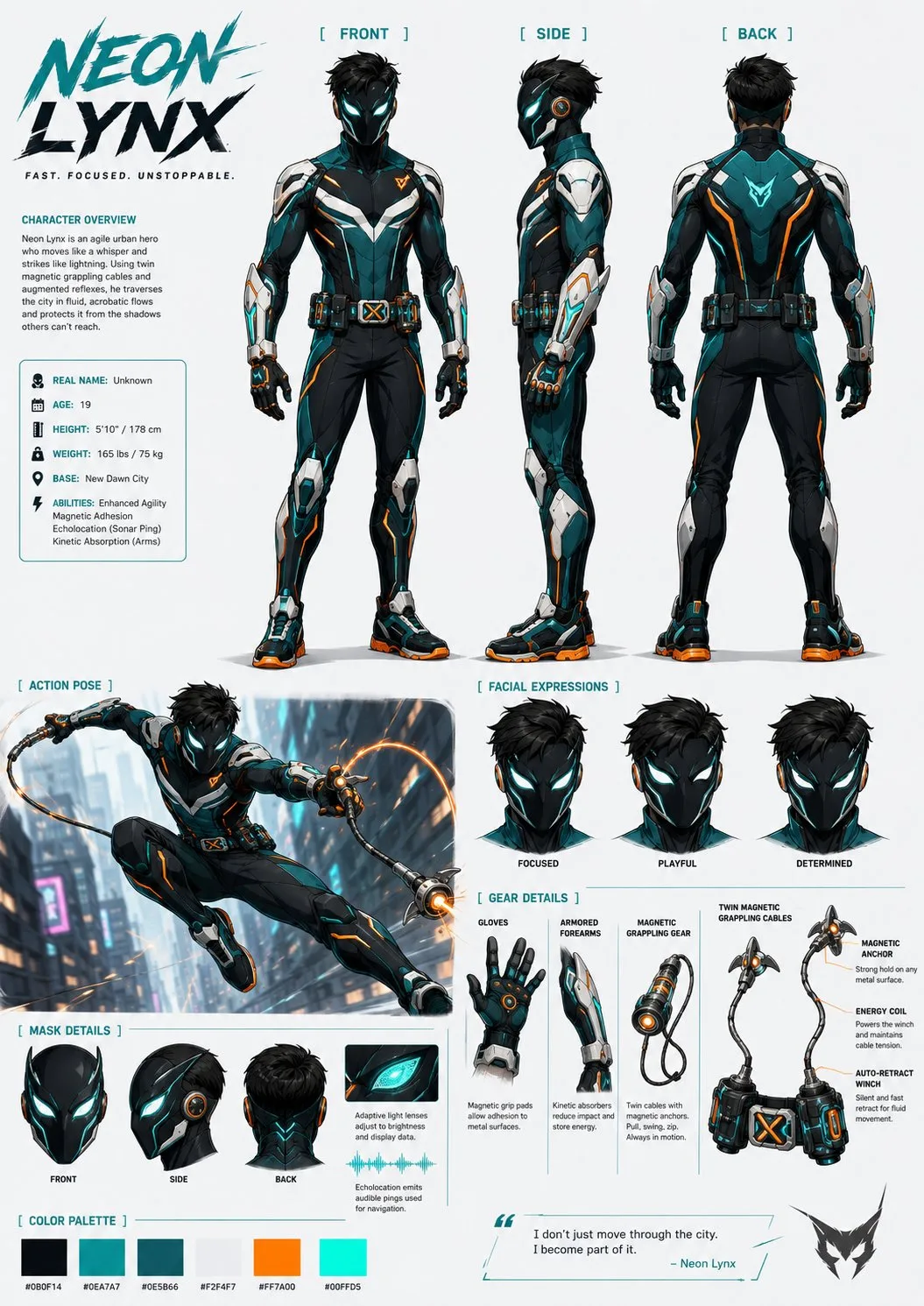 Animated character design sheet for a neon armored hero with turnarounds, head studies, action poses, and color swatches