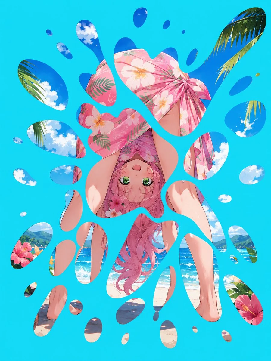 Anime Beach Splash Trick Art with sequential panels, clear scene planning and cinematic visual flow