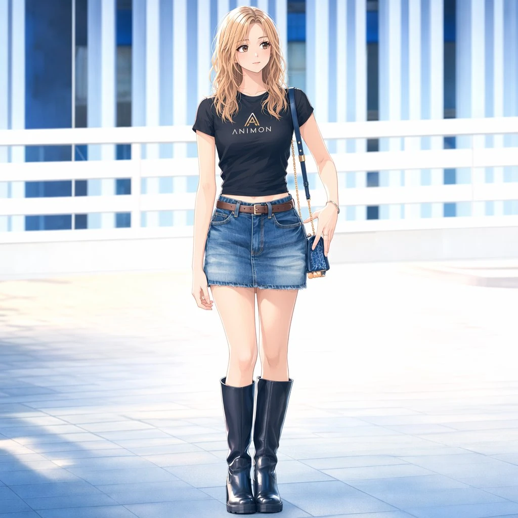 Full-body anime blonde fashion portrait in a bright modern walkway, with polished outfit details and clean illustration style.