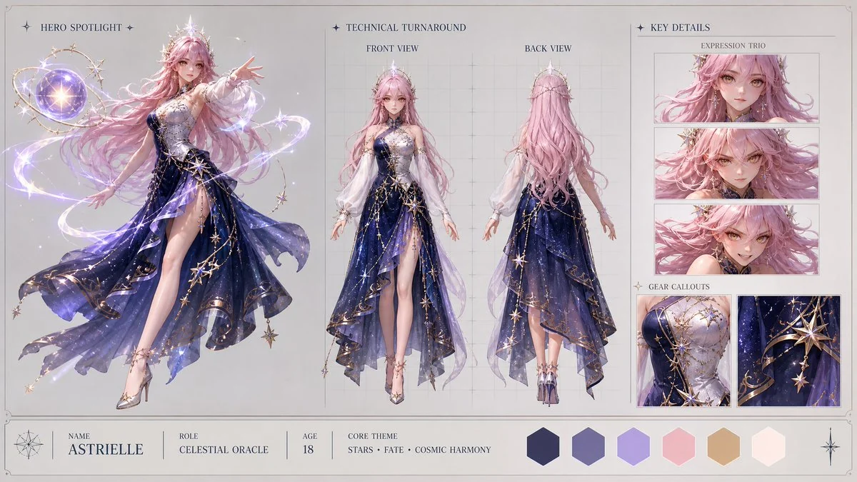 Anime character concept showcase with multiple poses, expression details and polished production sheet layout