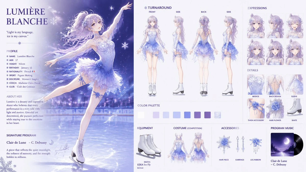 Anime character design sheet with fantasy-realism rendering, clean UI layout, and professional character-bible structure.