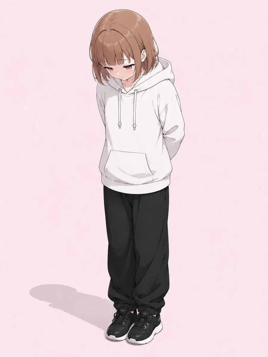 A rough 3D pose reference into a clean full-body anime character illustration while preserving the pose and simple outfit