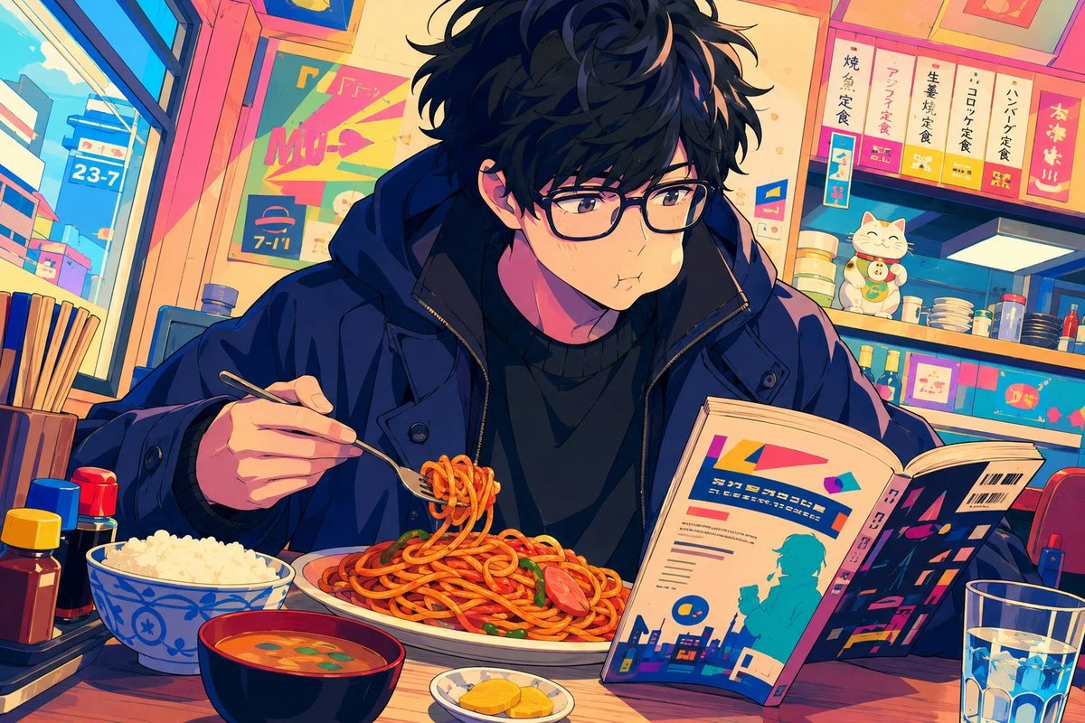 Anime diner munching scene with a young character eating at a wooden counter in a cozy Japanese restaurant.