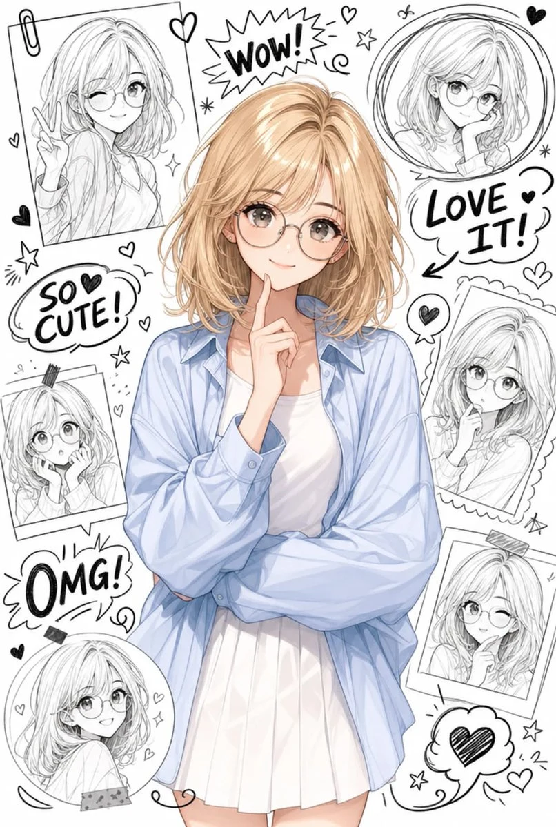 Anime-style character collage with doodle stickers, expressive portrait details, and playful scrapbook graphics