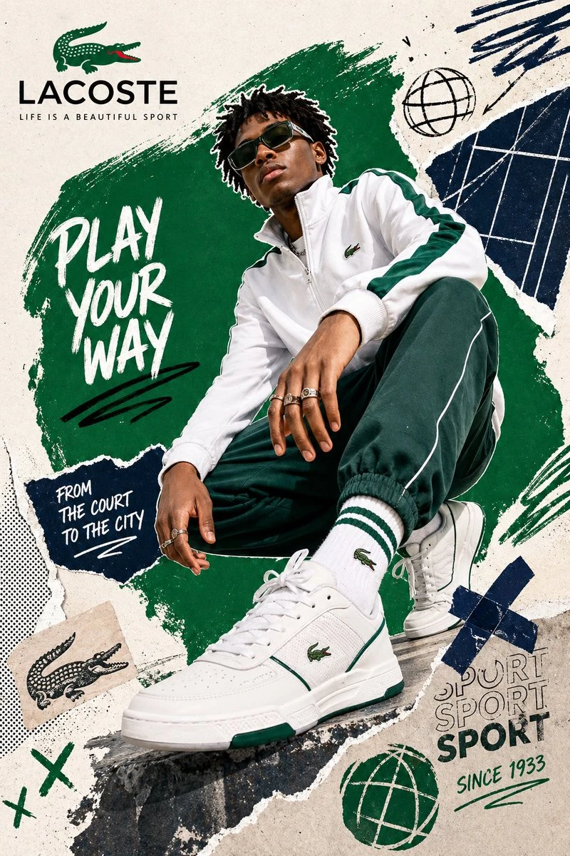 A young man poses in a Lacoste outfit with sneakers, surrounded by graphic elements.