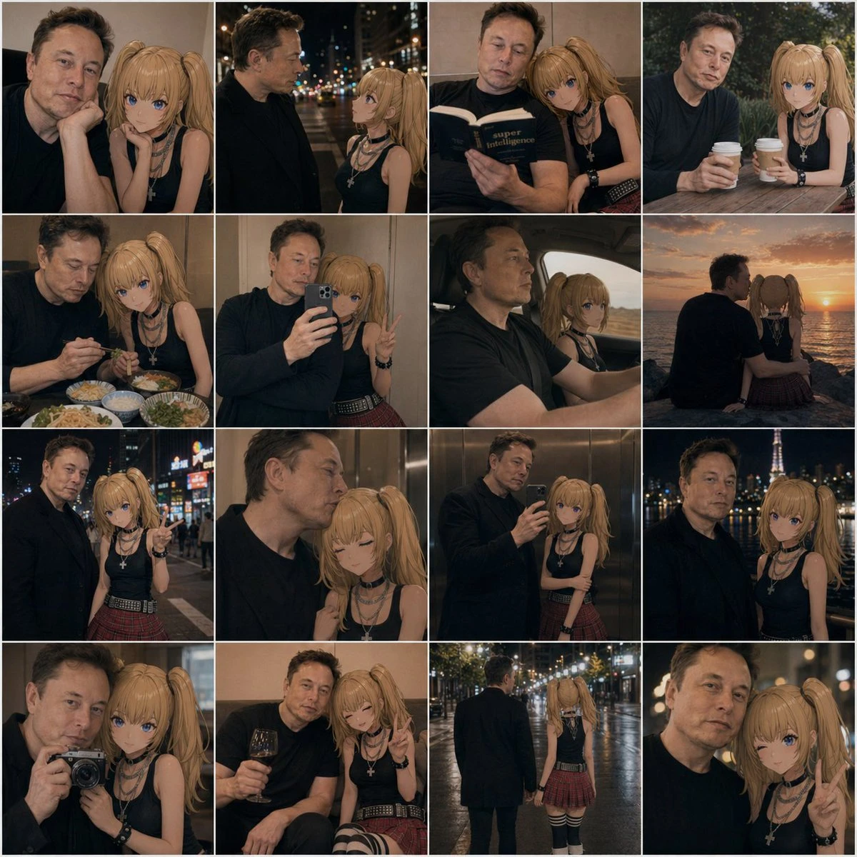 A 4x4 collage features a man and an anime girl in various warm, intimate date settings.
