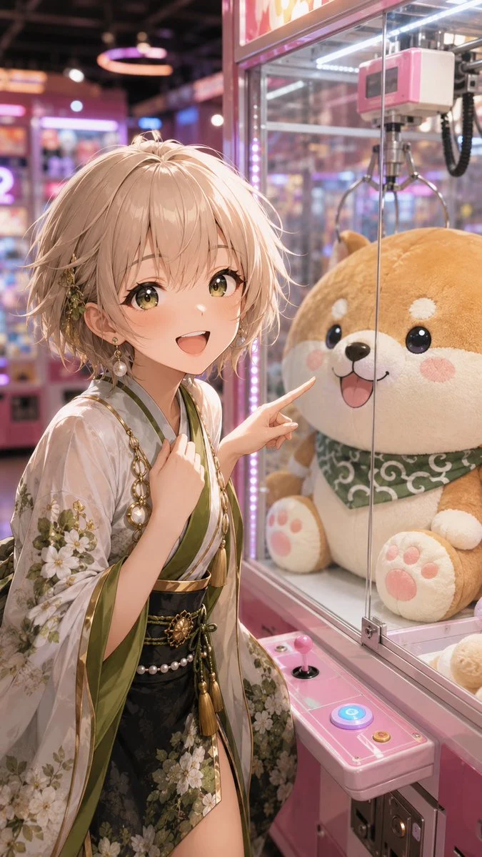 Anime Girl at Claw Machine with character-focused concept art, expressive styling and detailed illustration design