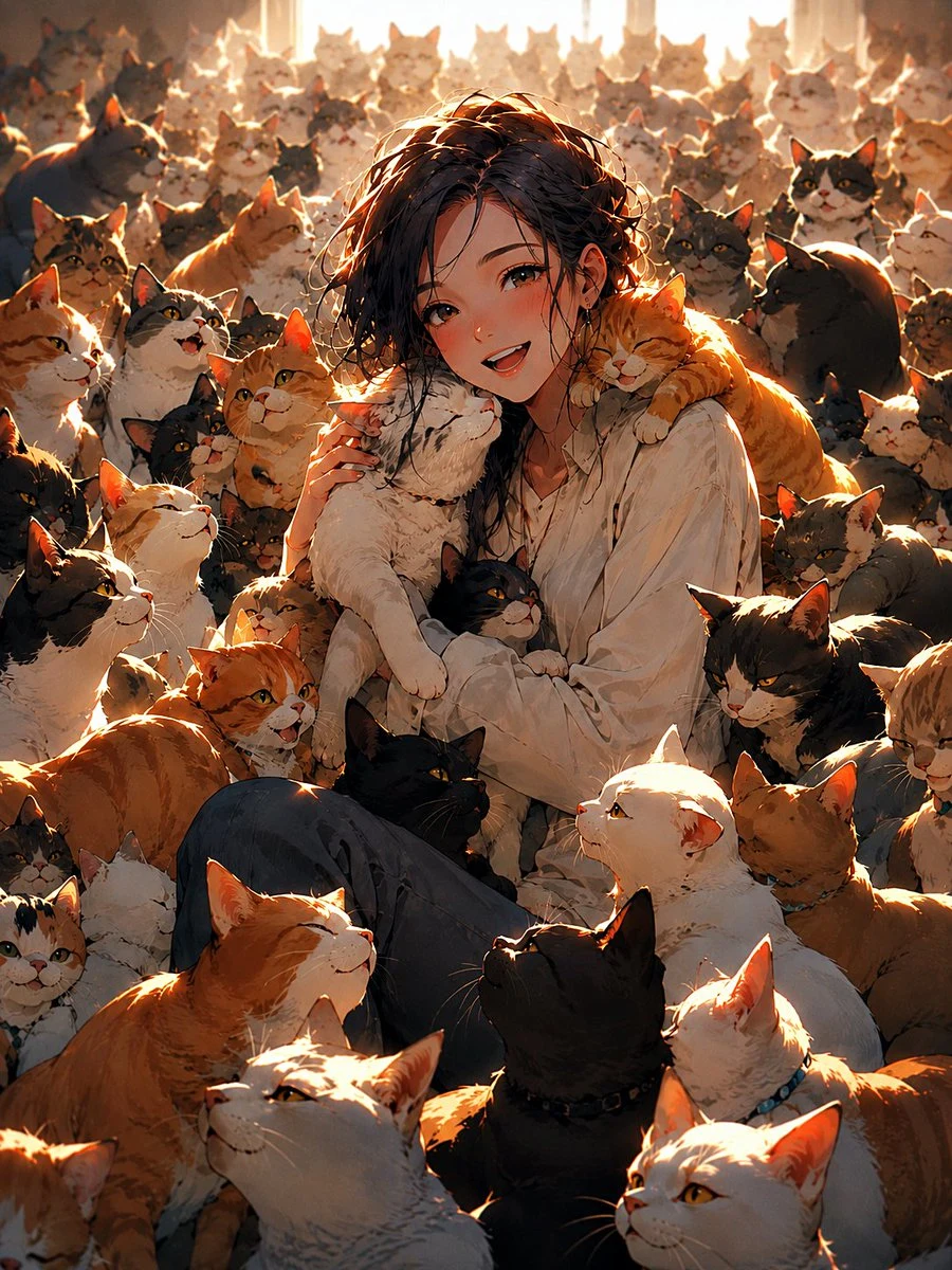 Anime Girl Surrounded by Cats storyboard visual