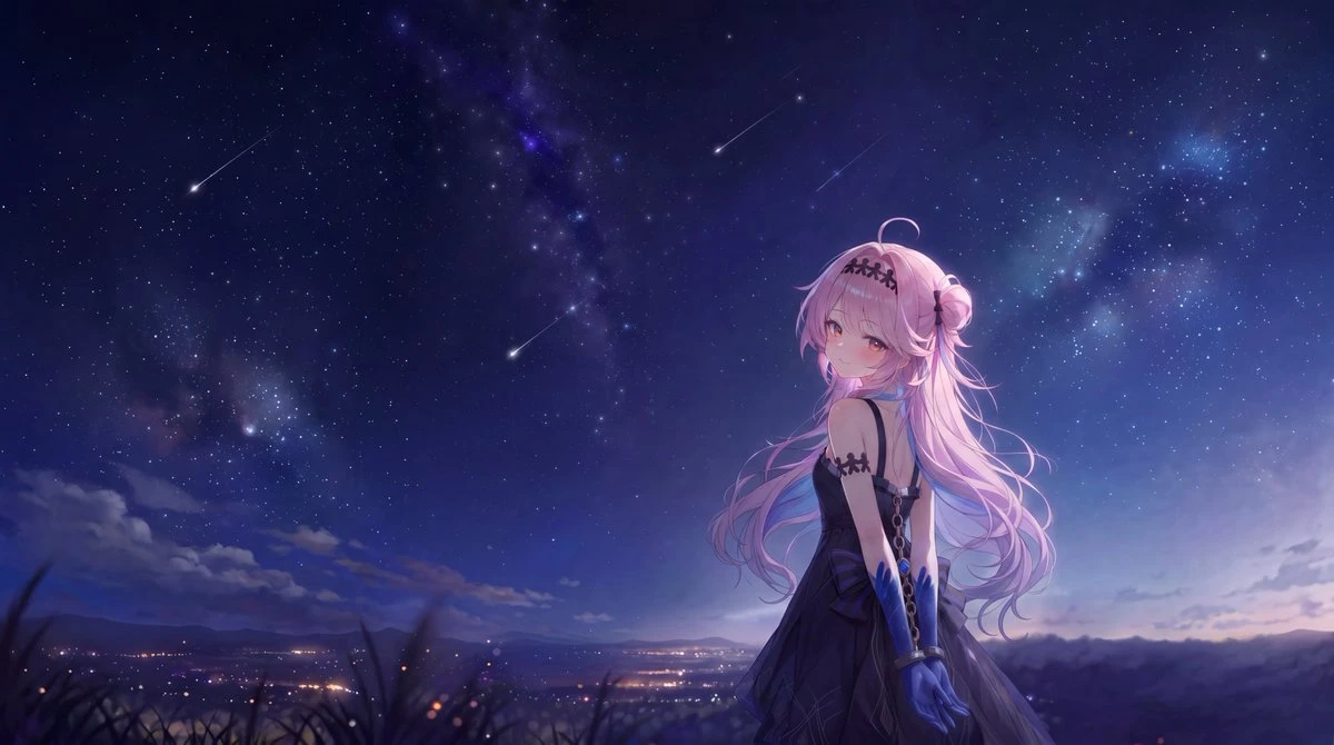 Anime Girl Under Meteor Starry Sky with a scroll-ready composition, expressive subject and cinematic social post styling