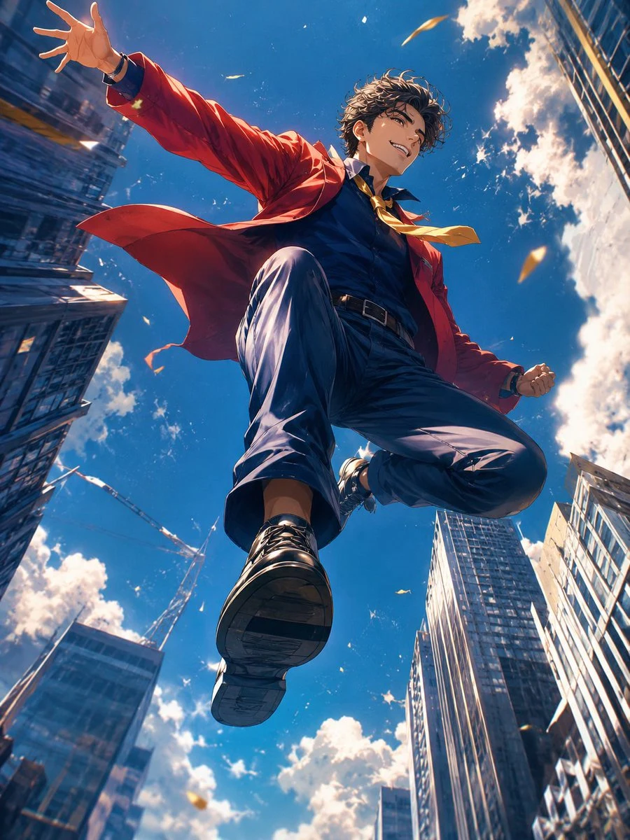 Anime hero leaping above a city skyline with dynamic motion, dramatic perspective, and action-scene energy.
