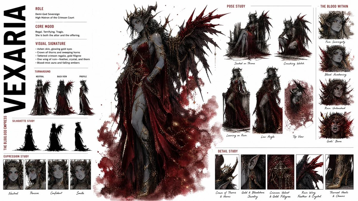 Premium anime high-fashion character concept sheet on a clean widescreen white layout