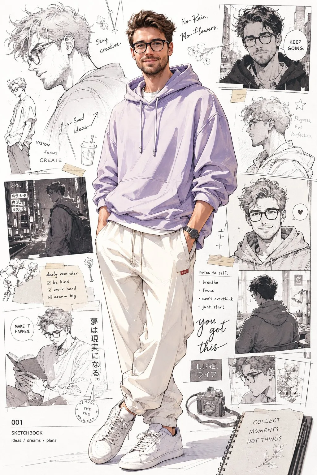 Anime-Inspired Pastel Hoodie Portrait with sequential panels, cinematic shot planning and a polished storyboard layout