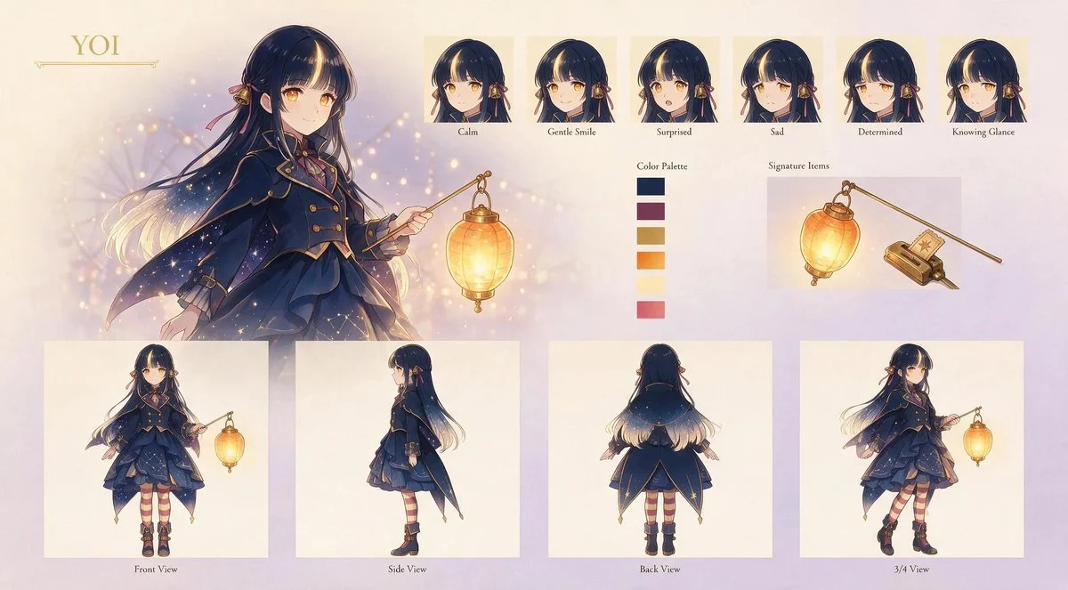 Anime Lantern Girl Character Sheet with character-focused concept art, expressive styling and detailed illustration design