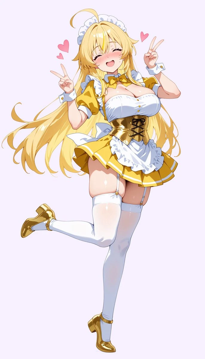 Full-body anime maid transformation preserving a cheerful idol-style outfit, blonde hair, and polished character illustration.